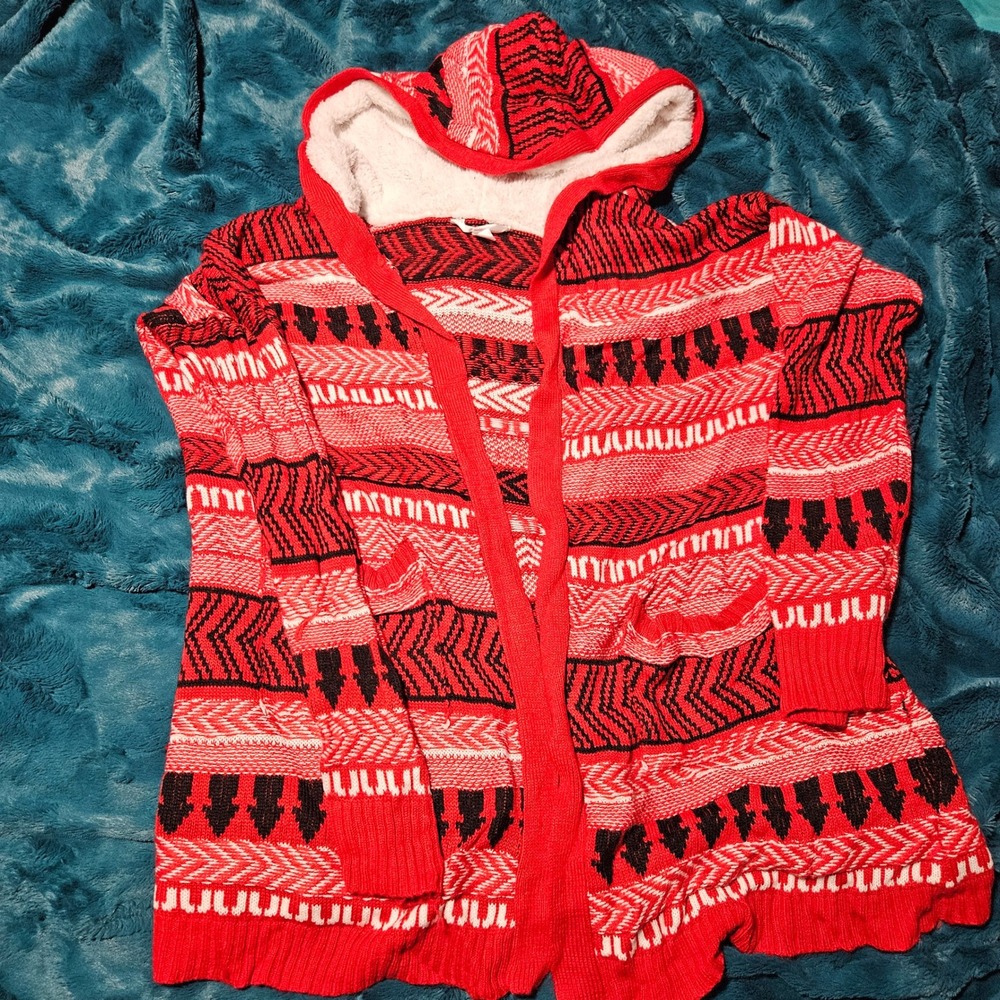 No Boundaries Open Front Hooded Cardigan Sweater Red Aztec XL